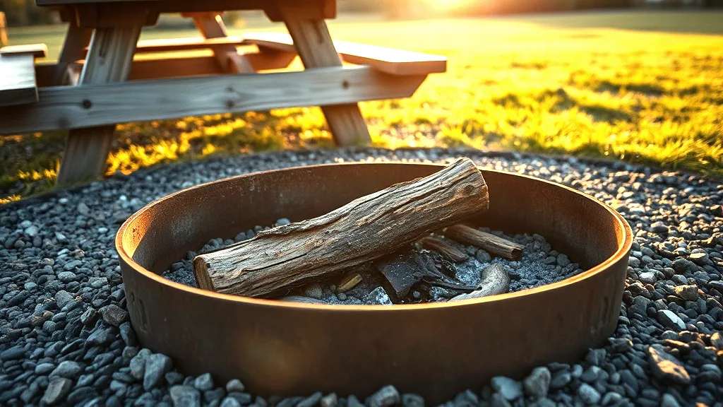 A rusted steel fire ring set into a gravel pad, cold ash and a half burnt log inside it, the corner of a weathered picnic table behind, low evening sun on the grass.