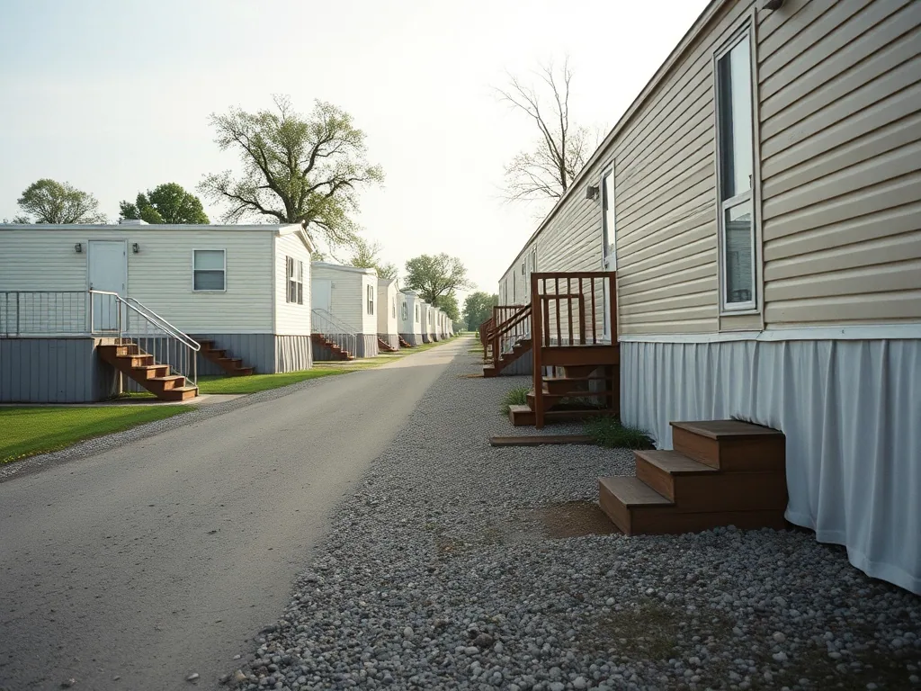 A row of skirted single wide homes with wooden steps and small tidy yards along a gravel street, shot low and level.