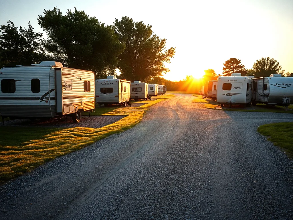 The gravel loop road through the park at golden hour, travel trailers parked on their pads with mowed grass between them, trees along the edge.