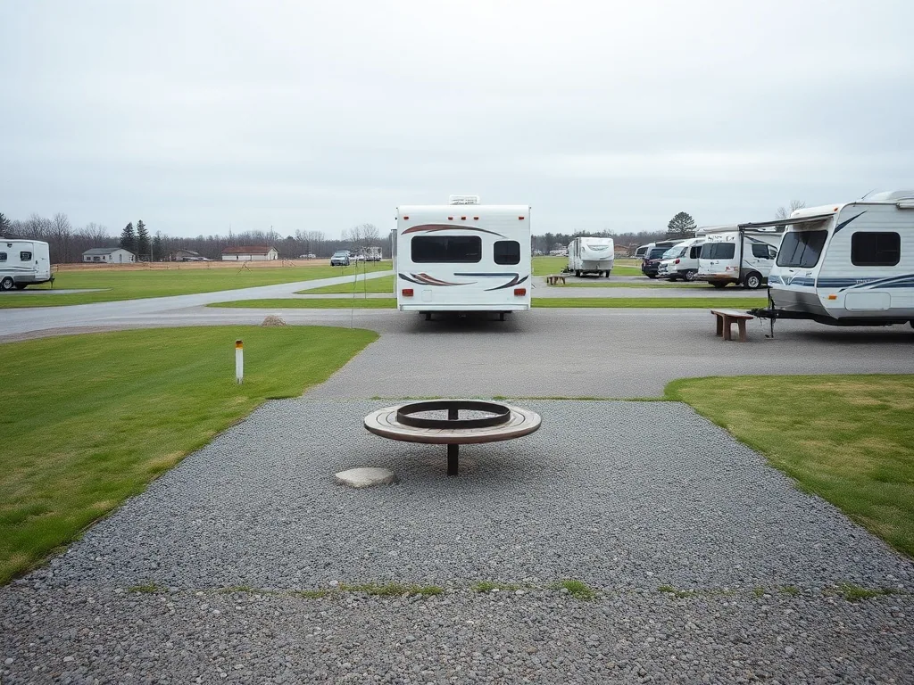An empty pull-through lot shot straight down its length: gravel pad, hookup post, picnic table and fire ring, mowed grass either side, overcast sky.
